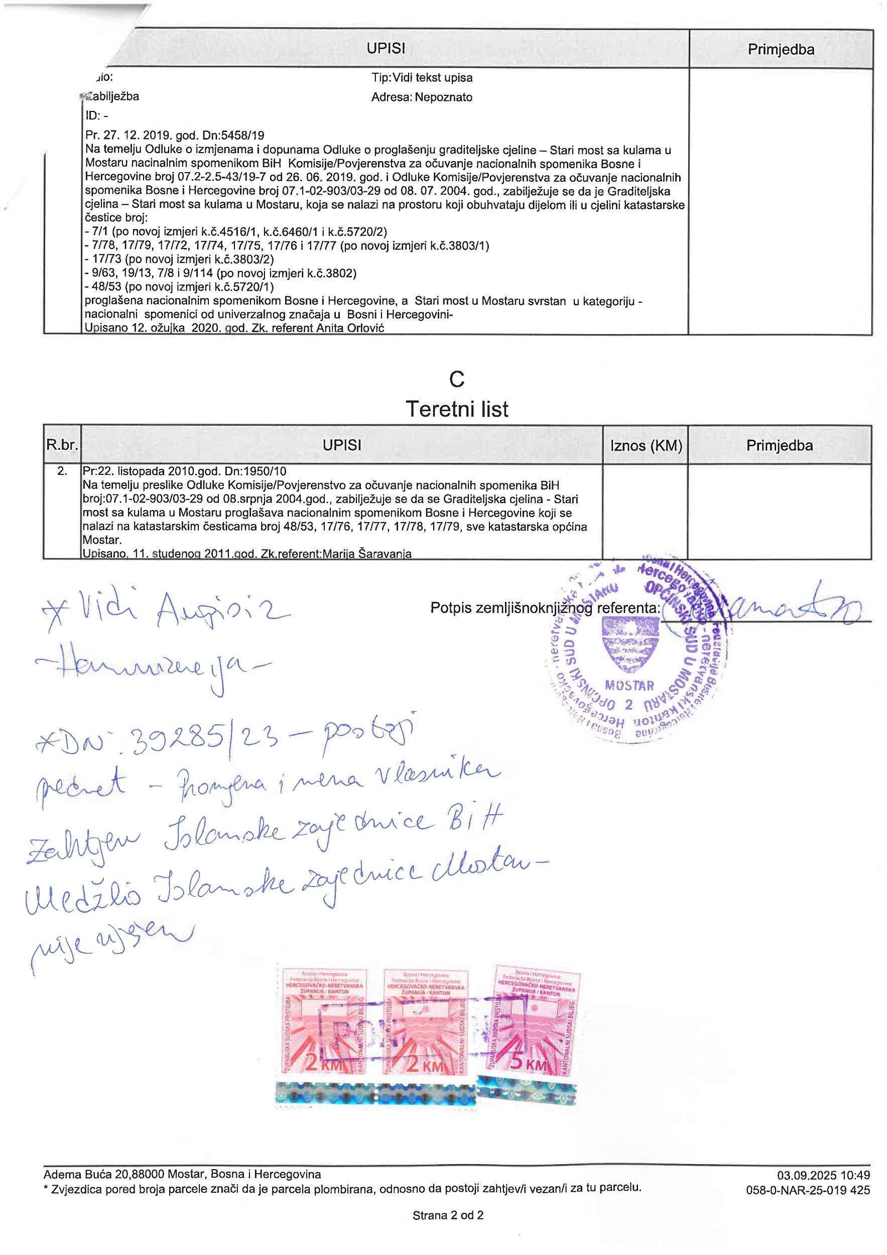 Z K izvadak Sultan Selimov mesdžid 2.jpg - Sultan Selimov mesdžid je uvijek bio i sada je u stopostotnom vlasništvu Islamske zajednice